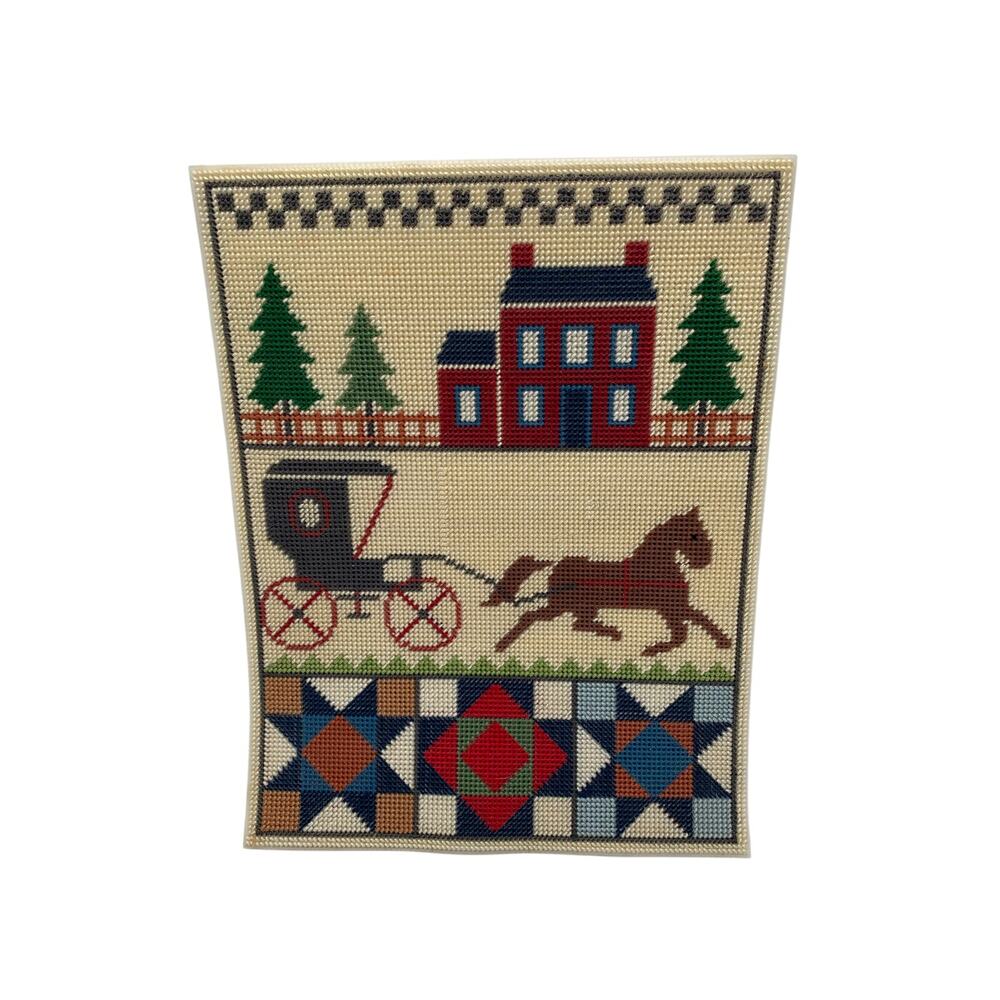 Vintage Americana Cross Stitch Horse Buggy Folk Art Sampler